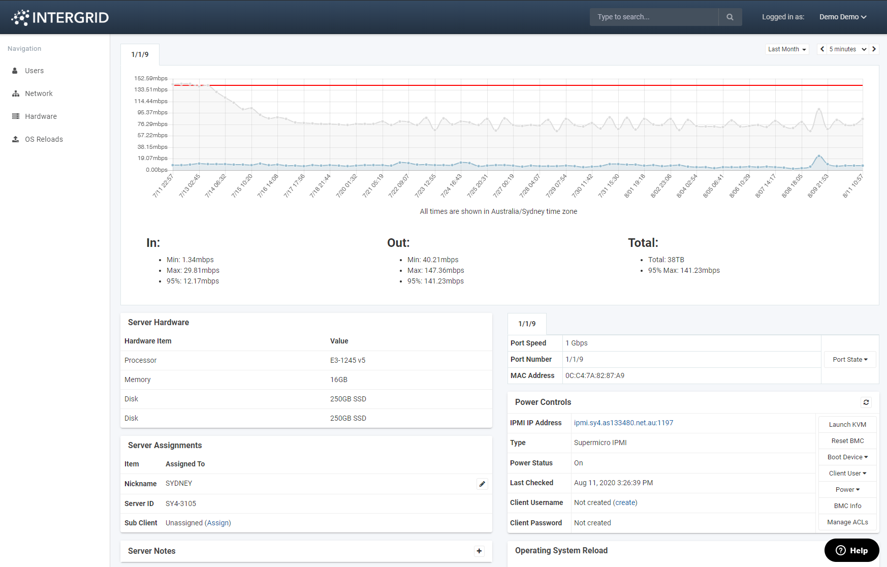 Screenshot of dedicated server portal